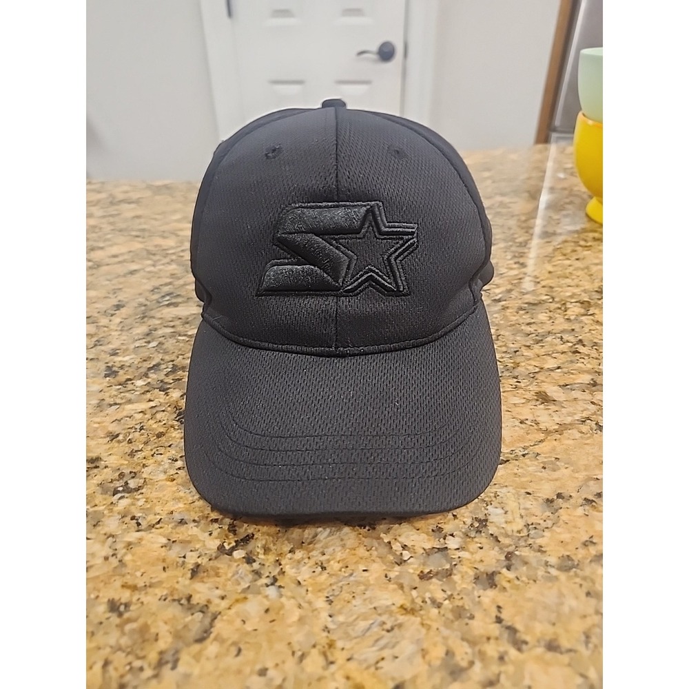 Starter Baseball Cap Black One Size Fitted Hat Embroidered Stretch Fit Crown